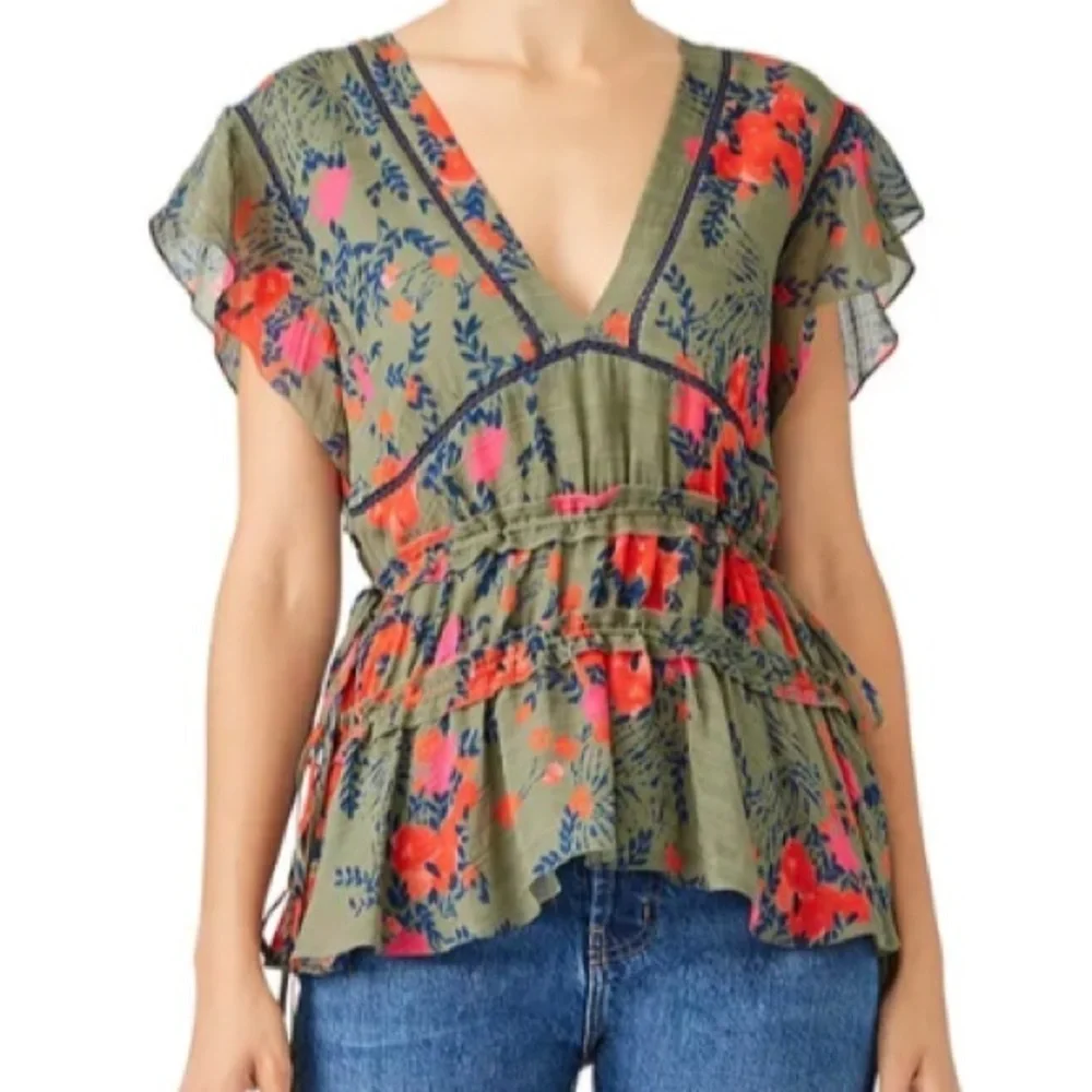 Tanya Taylor “Antia” silk floral green, red and blue v-neck blouse. Size 2 - Picture 2 of 8